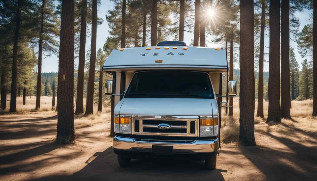An RV parked in a spacious Texas campground, surrounded by rolling hills and tall pine trees under a clear blue sky