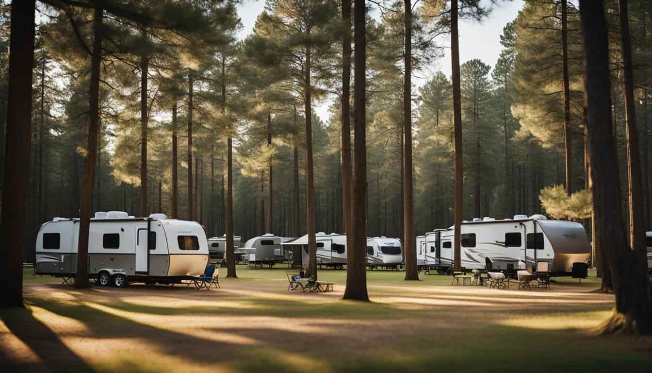 A serene campground in the heart of Texas, surrounded by tall pine trees and a tranquil lake. A row of RVs are parked in a neat line, with families enjoying the outdoors