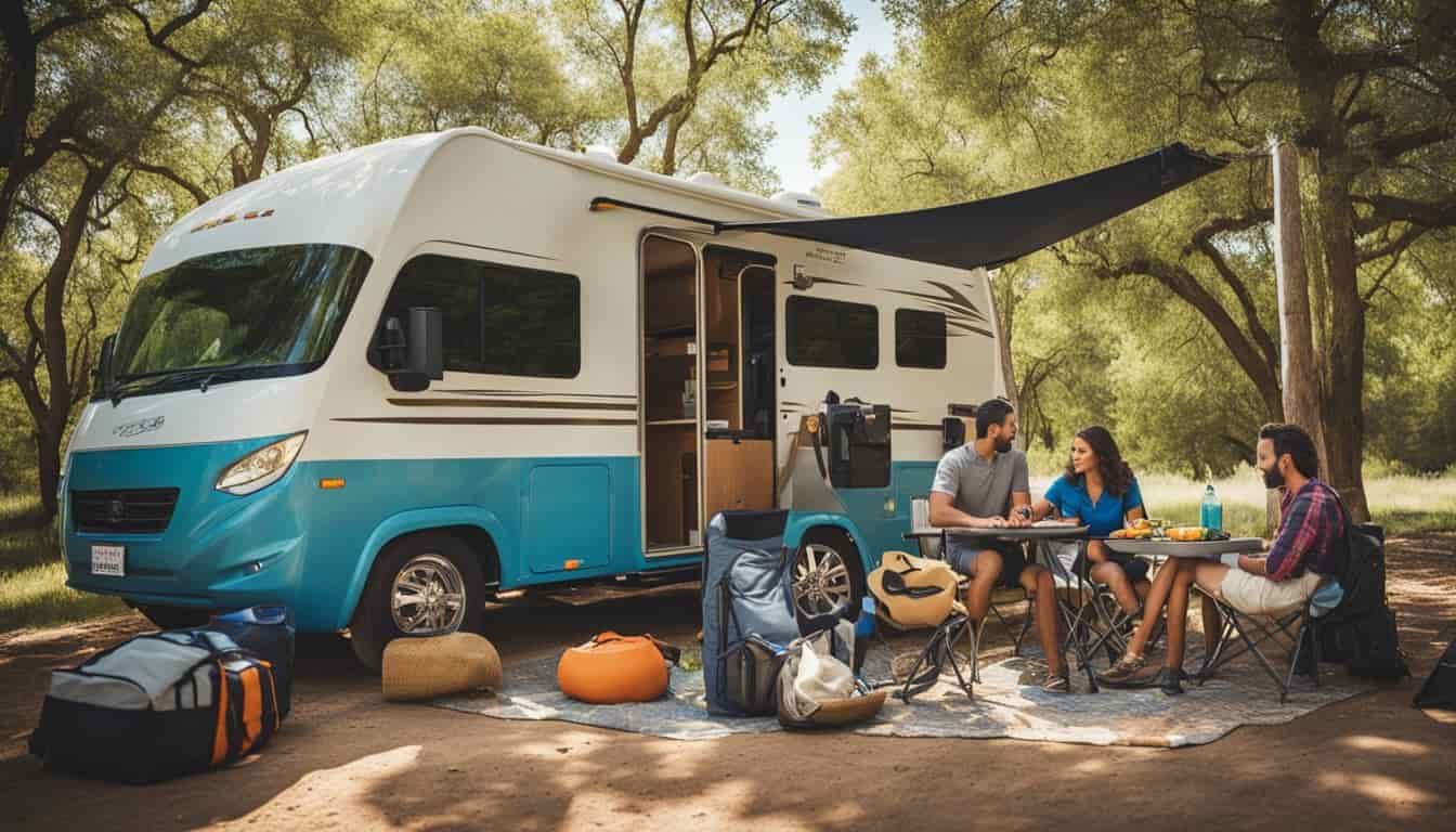 A family loads camping gear into a rented RV in Texas, surrounded by rolling hills and blue skies