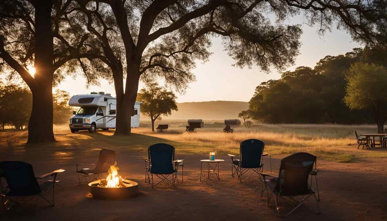 An RV parked in a scenic Texas landscape, with a campfire, chairs, and a family enjoying the outdoor experience