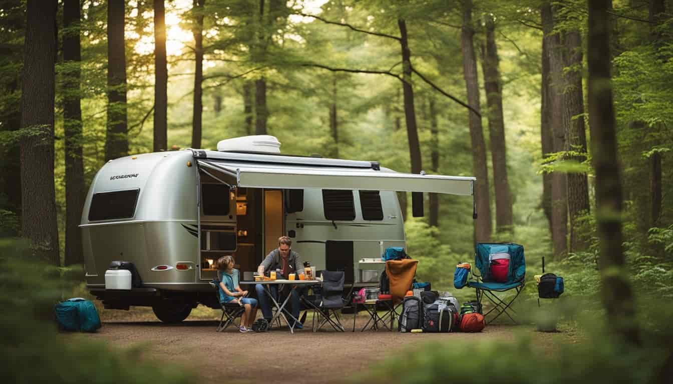 A family loads camping gear into a rented RV in a lush Wisconsin campground
