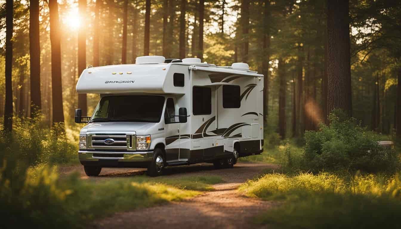An RV parked in a lush Wisconsin campground, surrounded by towering trees and a winding river. The sun is setting, casting a warm glow over the scene