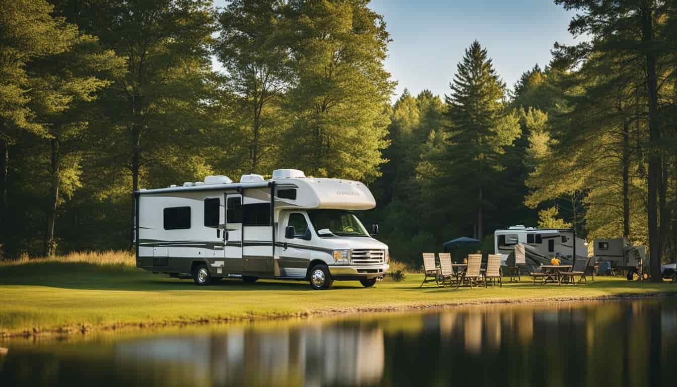 An RV parked by a serene lake in Wisconsin, surrounded by lush forests and a clear blue sky. The campsite is equipped with picnic tables and fire pits, with fellow campers enjoying the peaceful setting
