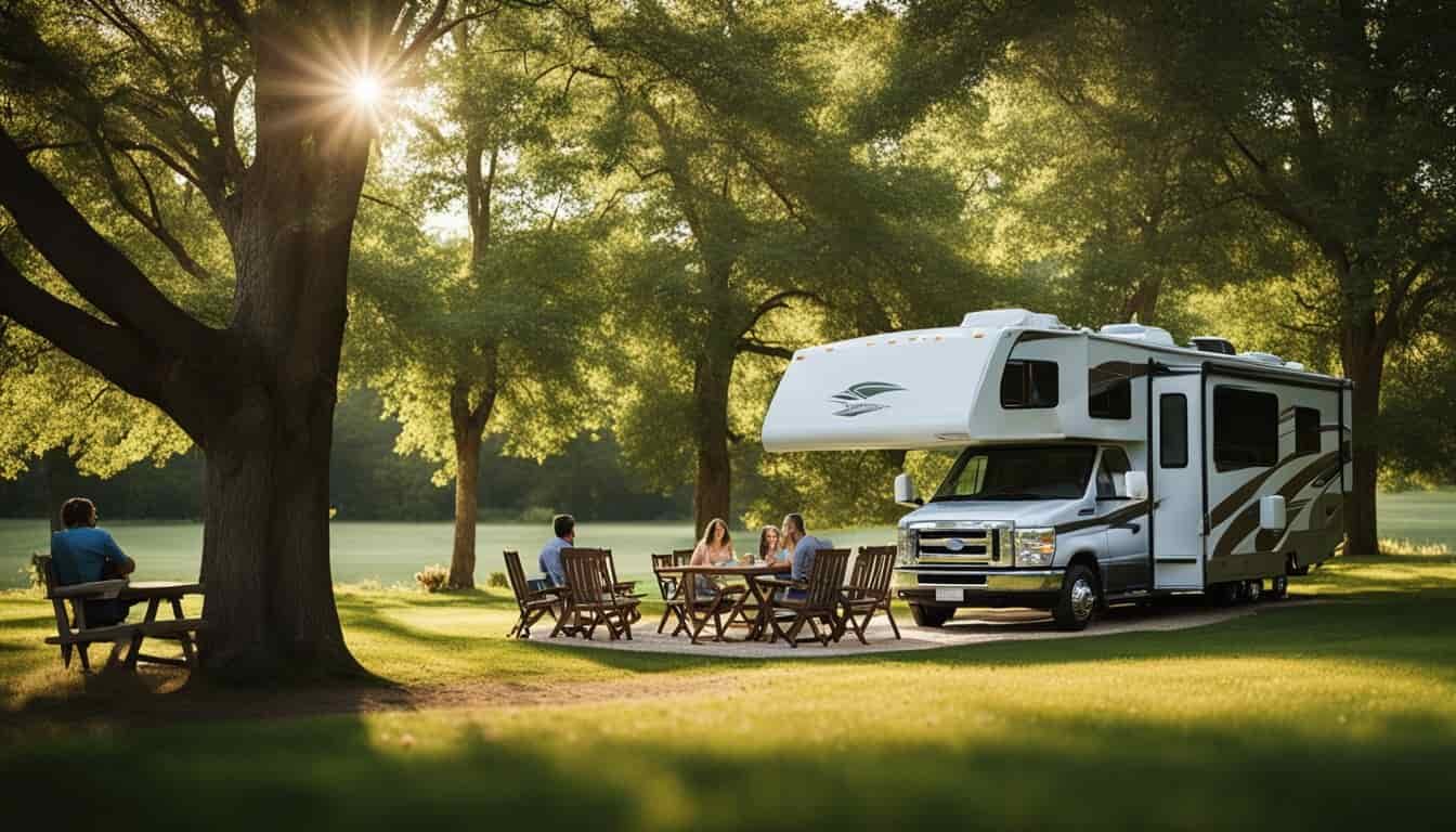 An RV parked in a lush Wisconsin campground, with a family enjoying a picnic under a large tree nearby