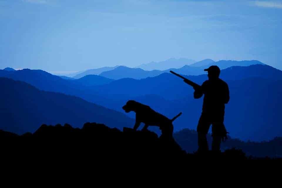 Man hunting with dog on top of rocky formation overlooking mountain range